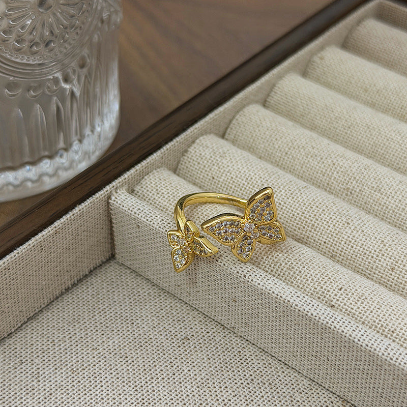 New Style Three-dimensional Butterfly Open Ring For Women In Copper With Zircon Inlay