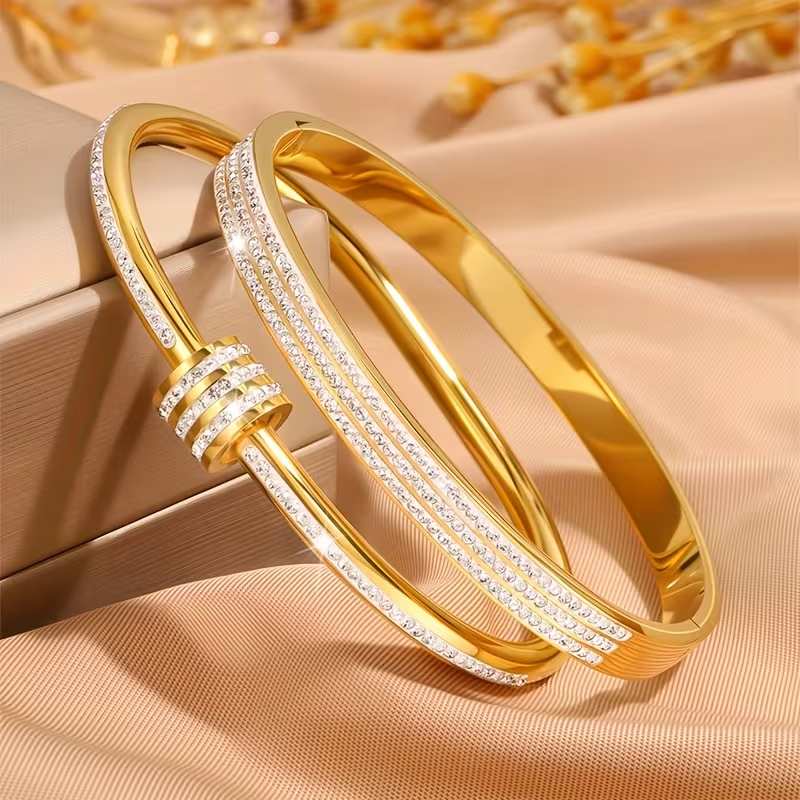 Solid Color Unisex Bangle For New Year Featuring 304 Stainless Steel With 18K Real Gold Plated And Zircon Inlay