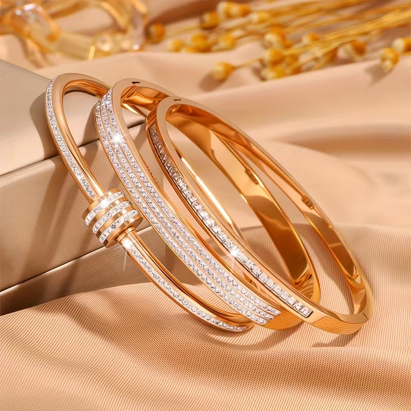 Solid Color Unisex Bangle For New Year Featuring 304 Stainless Steel With 18K Real Gold Plated And Zircon Inlay
