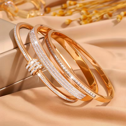 Solid Color Unisex Bangle For New Year Featuring 304 Stainless Steel With 18K Real Gold Plated And Zircon Inlay