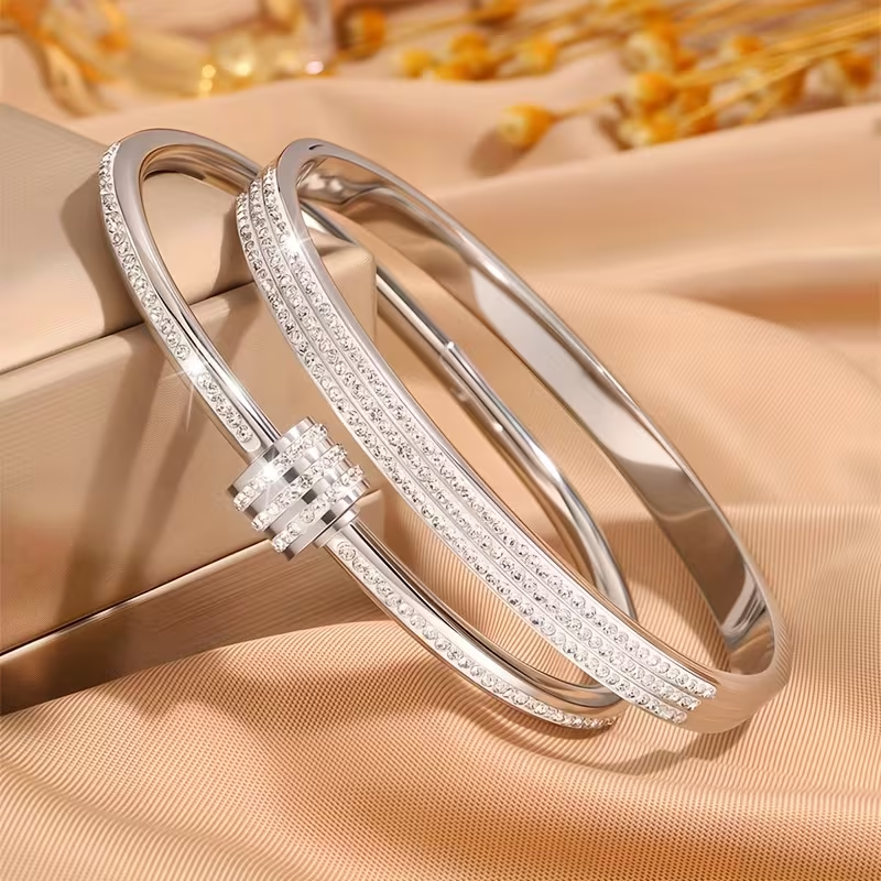 Solid Color Unisex Bangle For New Year Featuring 304 Stainless Steel With 18K Real Gold Plated And Zircon Inlay