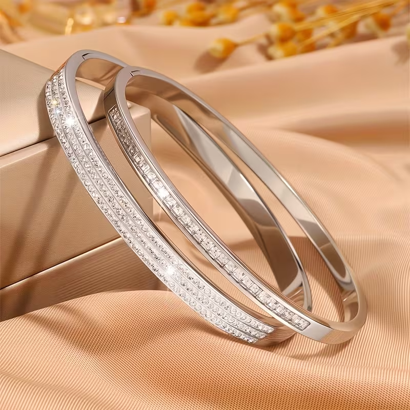 Solid Color Unisex Bangle For New Year Featuring 304 Stainless Steel With 18K Real Gold Plated And Zircon Inlay