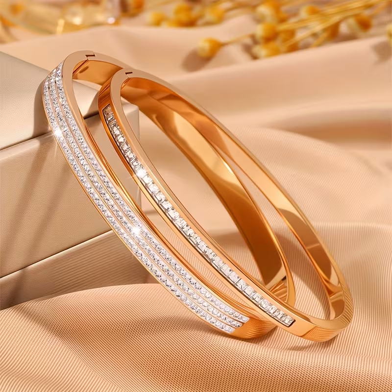 Solid Color Unisex Bangle For New Year Featuring 304 Stainless Steel With 18K Real Gold Plated And Zircon Inlay