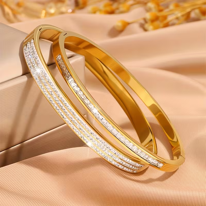 Solid Color Unisex Bangle For New Year Featuring 304 Stainless Steel With 18K Real Gold Plated And Zircon Inlay
