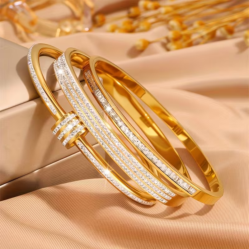 Solid Color Unisex Bangle For New Year Featuring 304 Stainless Steel With 18K Real Gold Plated And Zircon Inlay