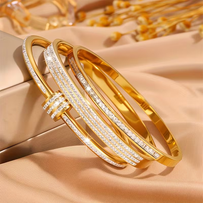 Solid Color Unisex Bangle For New Year Featuring 304 Stainless Steel With 18K Real Gold Plated And Zircon Inlay