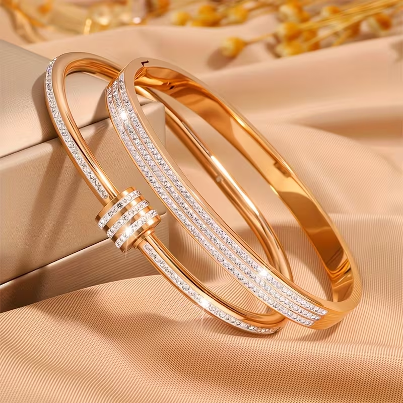 Solid Color Unisex Bangle For New Year Featuring 304 Stainless Steel With 18K Real Gold Plated And Zircon Inlay