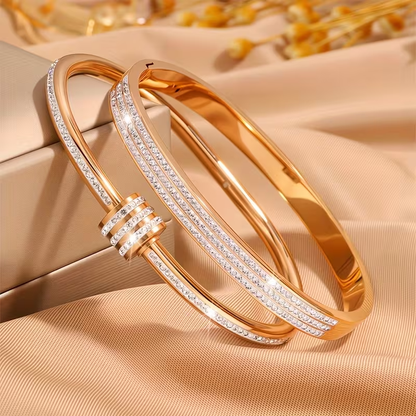 Solid Color Unisex Bangle For New Year Featuring 304 Stainless Steel With 18K Real Gold Plated And Zircon Inlay