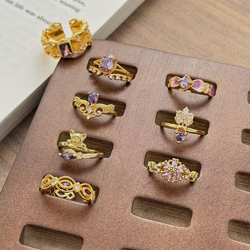 Retro Copper Open Ring For Women With Zircon Inlay Featuring Flame Pattern