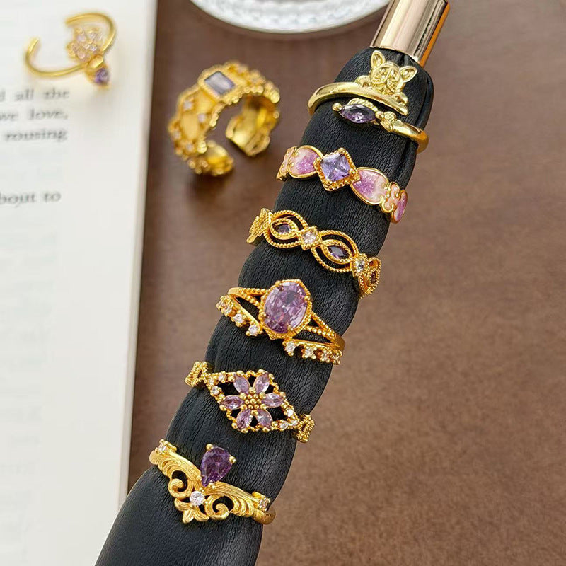 Retro Copper Open Ring For Women With Zircon Inlay Featuring Flame Pattern
