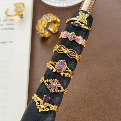 Retro Copper Open Ring For Women With Zircon Inlay Featuring Flame Pattern
