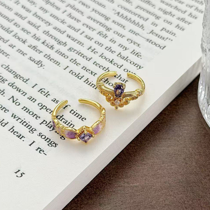 Retro Copper Open Ring For Women With Zircon Inlay Featuring Flame Pattern