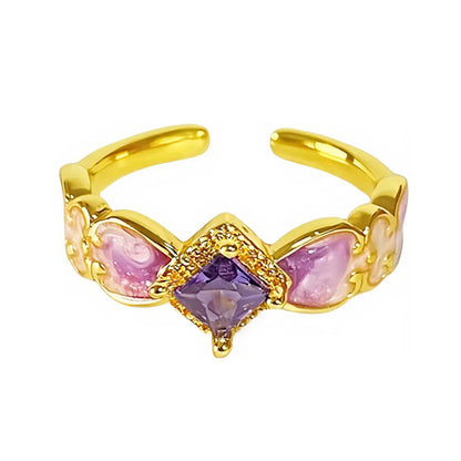 Retro Copper Open Ring For Women With Zircon Inlay Featuring Flame Pattern