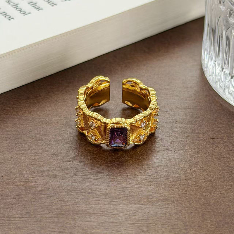 Retro Copper Open Ring For Women With Zircon Inlay Featuring Flame Pattern
