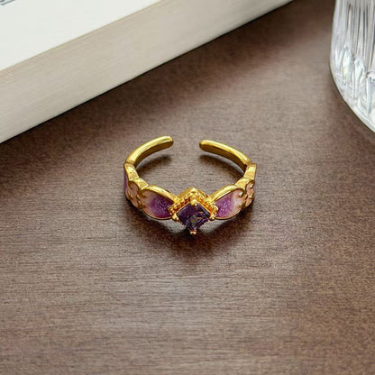 Retro Copper Open Ring For Women With Zircon Inlay Featuring Flame Pattern