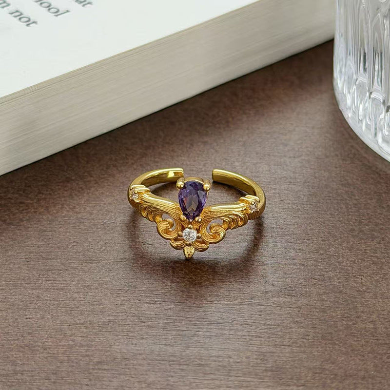 Retro Copper Open Ring For Women With Zircon Inlay Featuring Flame Pattern