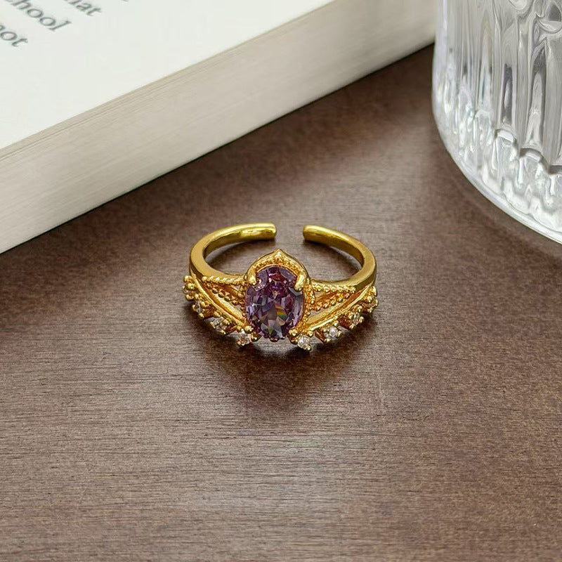 Retro Copper Open Ring For Women With Zircon Inlay Featuring Flame Pattern