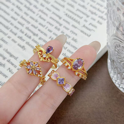 Retro Copper Open Ring For Women With Zircon Inlay Featuring Flame Pattern