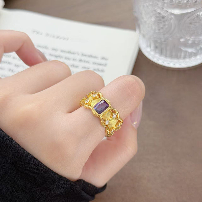 Retro Copper Open Ring For Women With Zircon Inlay Featuring Flame Pattern