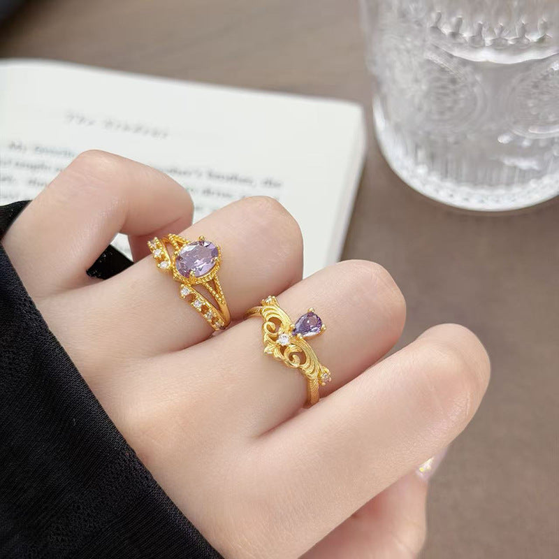 Retro Copper Open Ring For Women With Zircon Inlay Featuring Flame Pattern