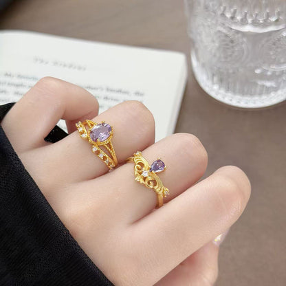 Retro Copper Open Ring For Women With Zircon Inlay Featuring Flame Pattern