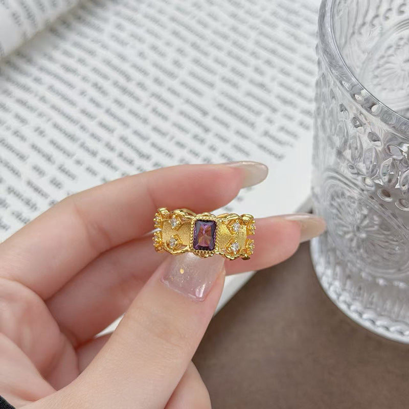 Retro Copper Open Ring For Women With Zircon Inlay Featuring Flame Pattern