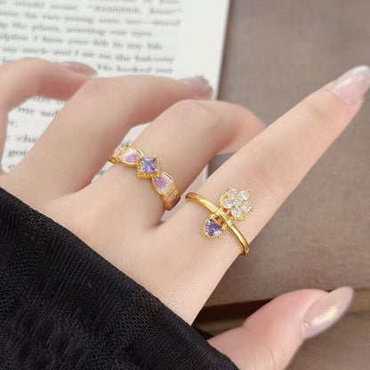Retro Copper Open Ring For Women With Zircon Inlay Featuring Flame Pattern