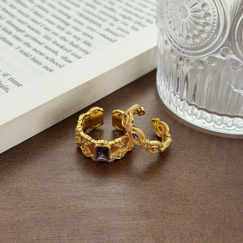Retro Copper Open Ring For Women With Zircon Inlay Featuring Flame Pattern