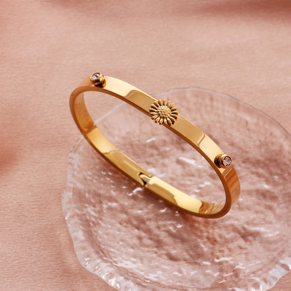 Polished Geometric Bangle For Women In 304 Stainless Steel With 18K Real Gold Plated And Rhinestones Inlay