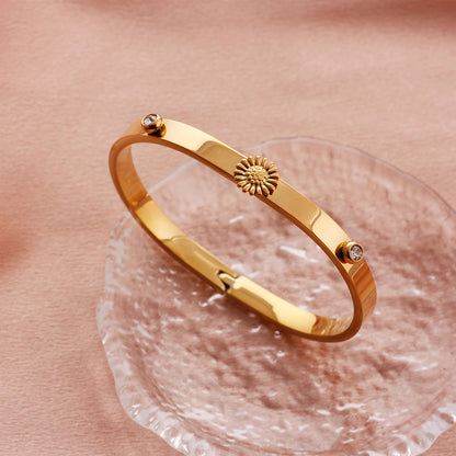 Polished Geometric Bangle For Women In 304 Stainless Steel With 18K Real Gold Plated And Rhinestones Inlay
