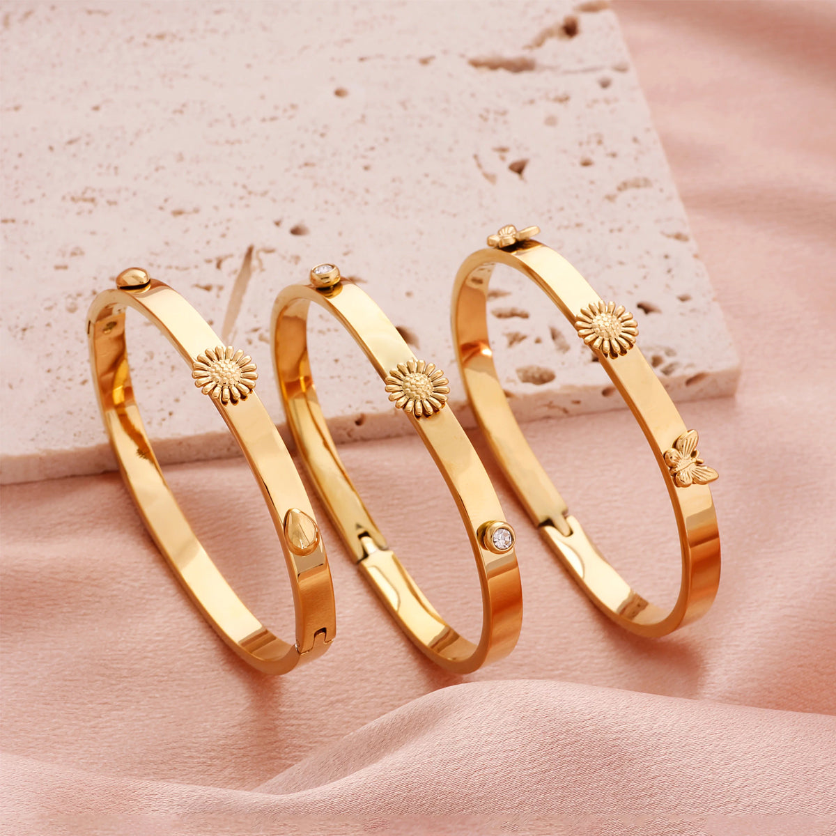 Polished Geometric Bangle For Women In 304 Stainless Steel With 18K Real Gold Plated And Rhinestones Inlay