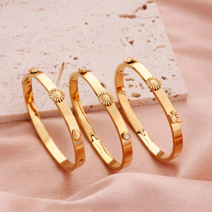 Polished Geometric Bangle For Women In 304 Stainless Steel With 18K Real Gold Plated And Rhinestones Inlay