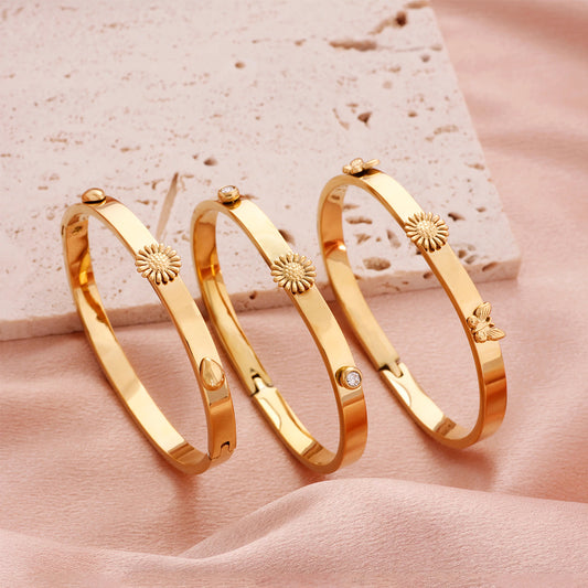 Polished Geometric Bangle For Women In 304 Stainless Steel With 18K Real Gold Plated And Rhinestones Inlay