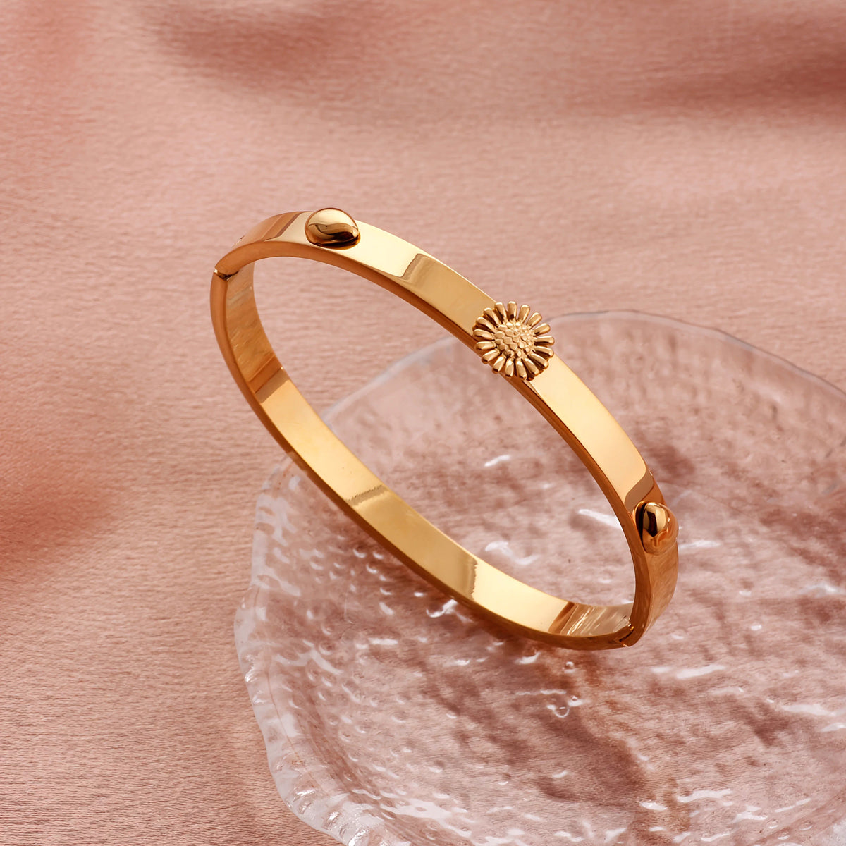 Polished Geometric Bangle For Women In 304 Stainless Steel With 18K Real Gold Plated And Rhinestones Inlay