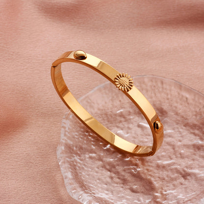 Polished Geometric Bangle For Women In 304 Stainless Steel With 18K Real Gold Plated And Rhinestones Inlay