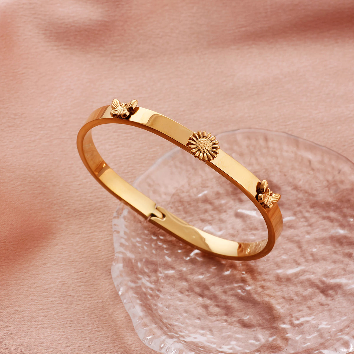 Polished Geometric Bangle For Women In 304 Stainless Steel With 18K Real Gold Plated And Rhinestones Inlay