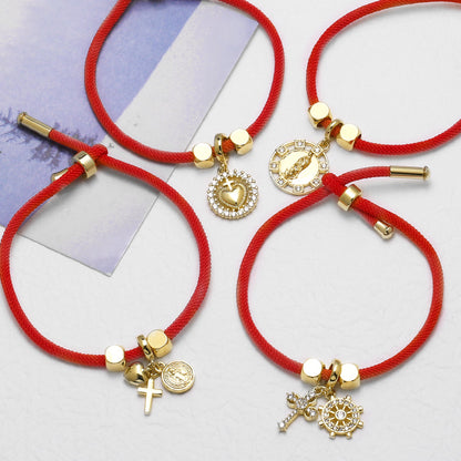 Unisex Copper Cross Bracelet For Everyday Wear Featuring 18K Real Gold Plated Finish With Zircon Inlay And Woven Chain