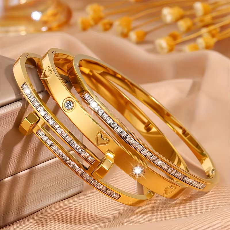 Bohemian Heart Shape Bangle For Super Bowl Featuring 304 Stainless Steel With 18K Real Gold Plated And Zircon Inlay