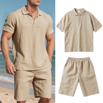 Men's Casual Beach Shorts Co-ord Set In Army Green Linen With Shirt Collar For Comfortable Summer Wear