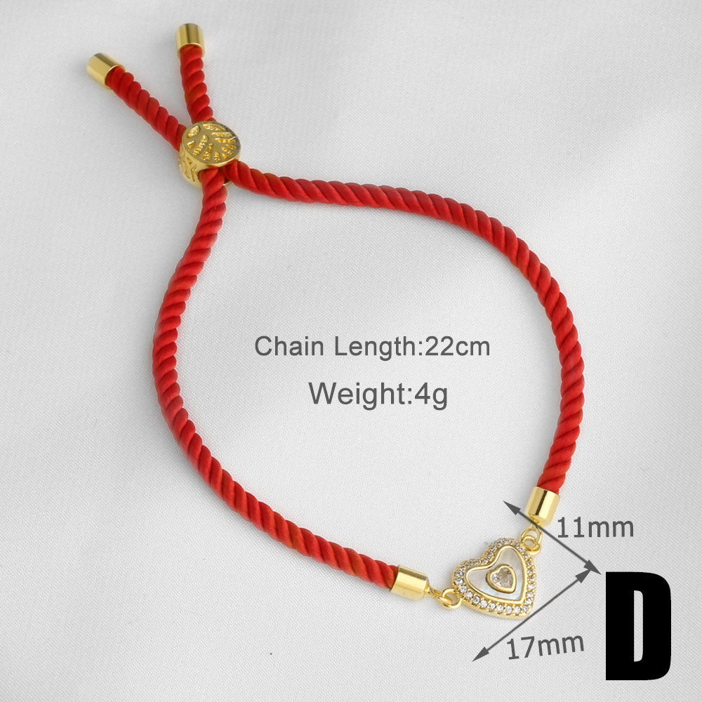 Heart Shape Unisex Copper Bracelet For Everyday Wear, 18K Real Gold Plated With Zircon Inlay On Woven Chain