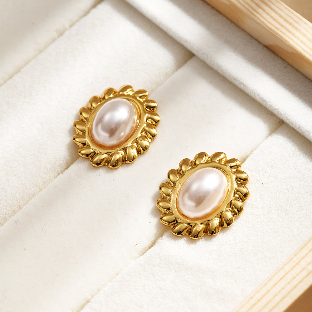 Casual Lines Stud Earrings For Women In 304 Stainless Steel With Golden Plated Finish And Acrylic Imitation Pearl Inlay