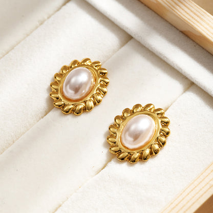 Casual Lines Stud Earrings For Women In 304 Stainless Steel With Golden Plated Finish And Acrylic Imitation Pearl Inlay