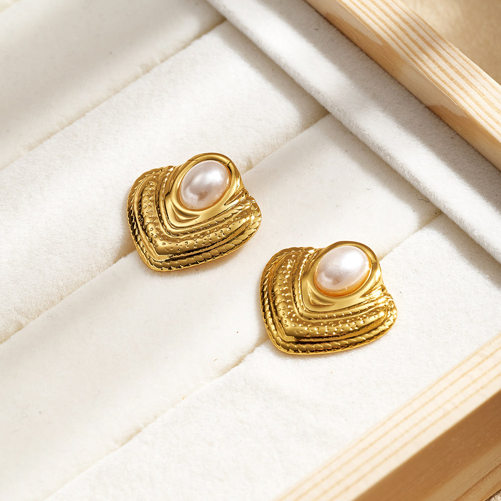 Casual Lines Stud Earrings For Women In 304 Stainless Steel With Golden Plated Finish And Acrylic Imitation Pearl Inlay