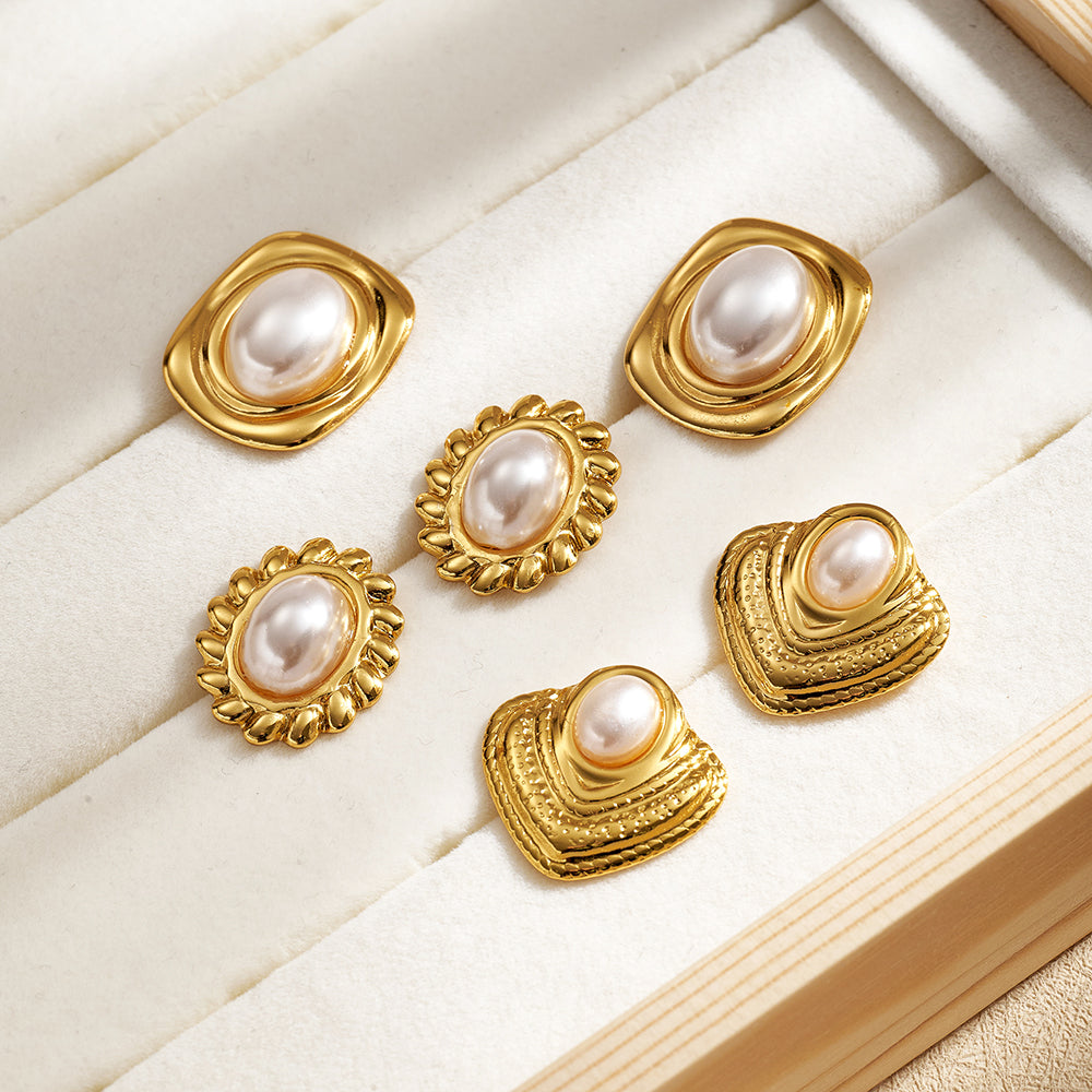Casual Lines Stud Earrings For Women In 304 Stainless Steel With Golden Plated Finish And Acrylic Imitation Pearl Inlay