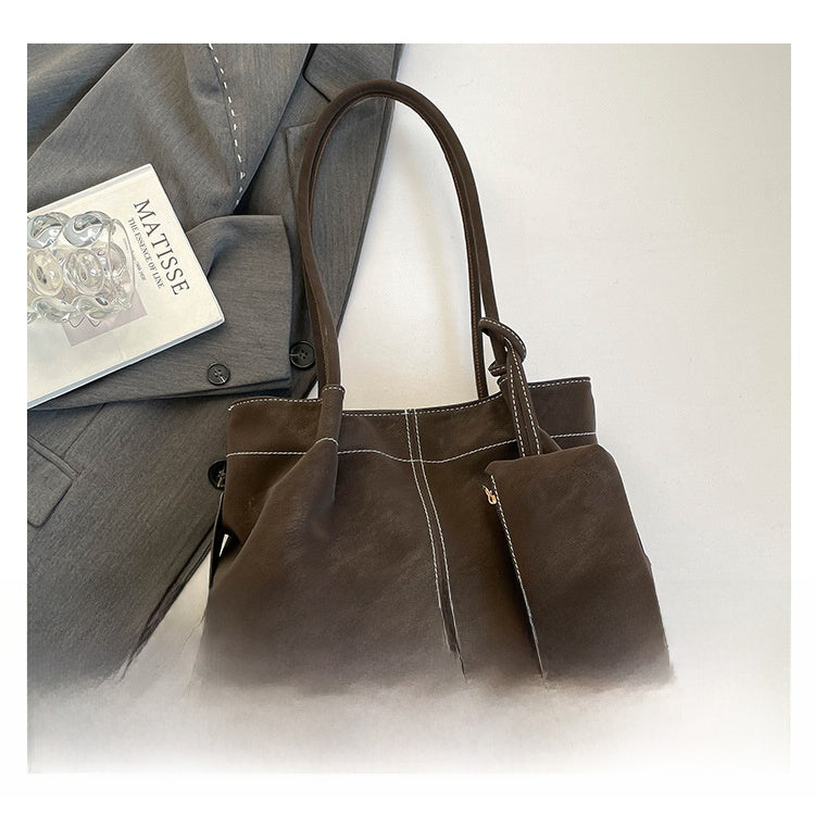 Women’s Square PU Leather Tote Bag With Sewing Thread Detail, Featuring Single Shoulder Strap