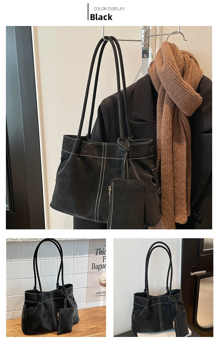Women’s Square PU Leather Tote Bag With Sewing Thread Detail, Featuring Single Shoulder Strap