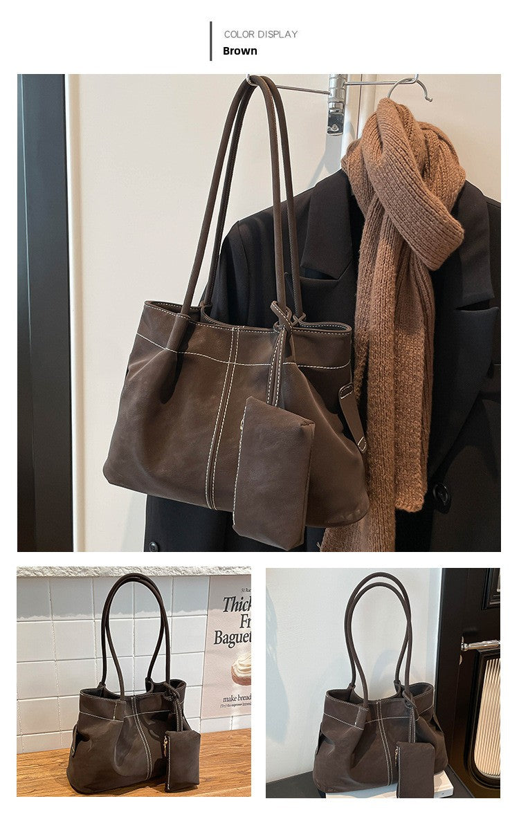 Women’s Square PU Leather Tote Bag With Sewing Thread Detail, Featuring Single Shoulder Strap