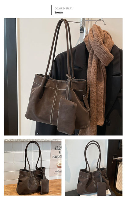 Women’s Square PU Leather Tote Bag With Sewing Thread Detail, Featuring Single Shoulder Strap
