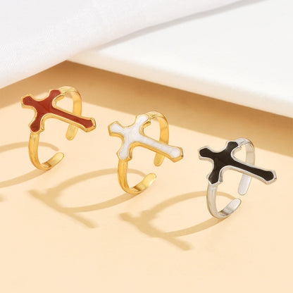 Punk Style Women’s Cross Ring With Black Enamel Finish, Perfect For Bold Fashion Statements
