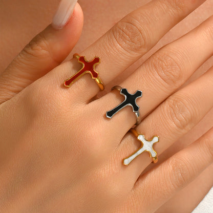 Punk Style Women’s Cross Ring With Black Enamel Finish, Perfect For Bold Fashion Statements